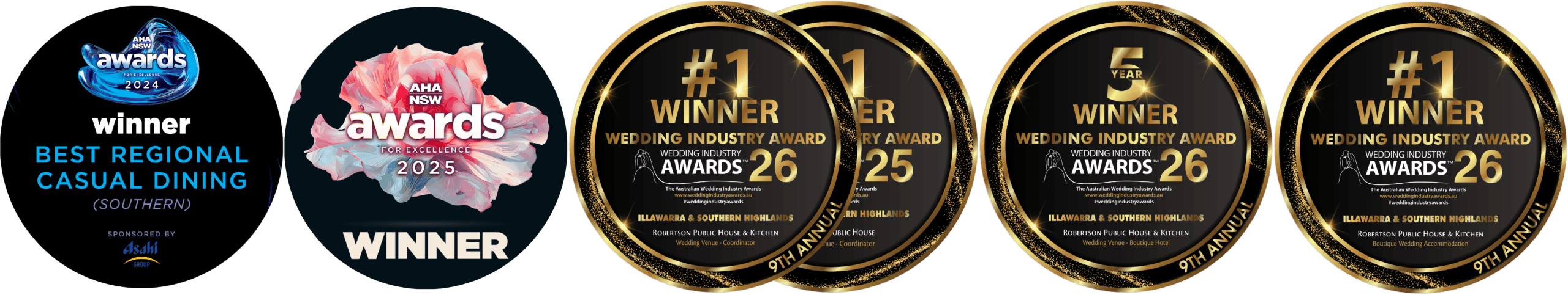 AHA NSW 2024 and 2025 winner badges and four Australian Wedding Industry Awards medals